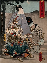 An actor as a princely hero by moonlight. Colour woodcut by Kuniharu, early 1860s.