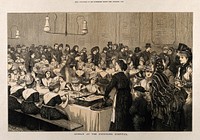 Fashionable London comes to observe Sunday lunch at the Foundling Hospital. Wood engraving by J. Swain, 1872, after H.T. Green.