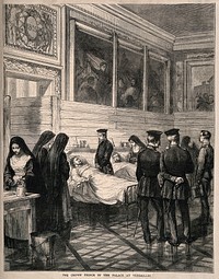 Franco-Prussian War: Crown Prince Frederick touring wounded soldiers at Versailles. Wood engraving.