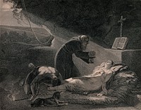 Atala receiving her last communion from the missionary Père Aubry, while her dog and Chactas are crouching at the end of her camp in a mountain cave. Stipple print with etching by Fortier and J.P. Simon after Jean Baptiste Mallet.