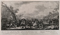 Chaos in the aftermath of battle with the dead and wounded being attended to as the armies retreat. Engraving by J. J. Kleinschmidt after G. P. Rugendas I.