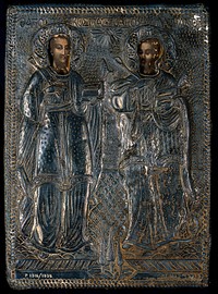Saint Cosmas and Saint Damian. Tempera painting with metal cover (oklad).