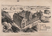 St. Mary's College, Harlow, Essex: bird's-eye view and scale plan. Transfer lithograph by J.R. Jobbins, 1862, after R.J. Withers.