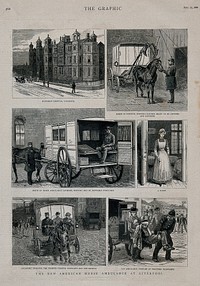 Scenes showing an American style horse ambulance at work in Liverpool, England. Wood engraving, 1886.