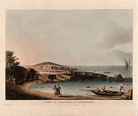 Boatmen at the Baths of Cleopatra at Alexandria, Egypt. Coloured aquatint by T. Milton after L. Mayer, 1802.