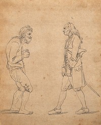 Two men exhibiting postures which express their character: on the left a man of 'brutal sensibility', on the right, a miser. Drawing by D.N. Chodowiecki, c. 1789.