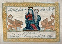The Virgin with Child flanked by two lions holding open books. Coloured woodcut.