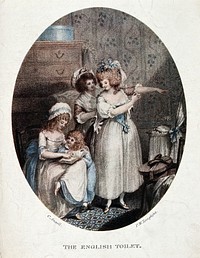 A woman at her toilet being assisted by a maidservant; to the left a seated maidservant reads to a small child. Colour reproduction of an engraving by P.W. Tompkins after C. Ansell.