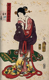 An older woman is undressing; her broad sash (obi) lies on the ground behind her. Colour woodcut by Kunisada, 1858.