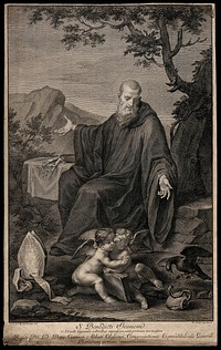 Saint Benedict of Nursia: while he lives as a hermit in a cave near Subiaco, a raven protects him from poisoned bread (represented by a snake emerging from a loaf). Engraving by J. Frey after G. Anziani after Carlo Cignani.