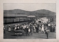 Boer War: train platform showing the arrival of wounded Boer soldiers, Pretoria. Process print.