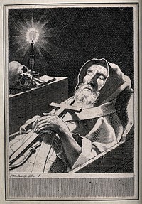 Saint Francis de Paul lying in state; a candle, skull and book next to him. Engraving by C. Mellan after himself, ca. 163-.