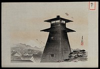 Flying kites over old Edo on a festival in early spring; a fire watchtower looms in the foreground and Fuji is visible in the distance. Woodcut by Gekko, early twentieth century.