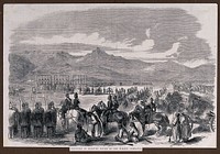 The execution of twelve mutineers at Peshawar; guards on horseback and guards holding spears; mountains in the background. Wood engraving, 1857.