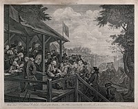 At a polling booth, reserve voters, consisting of disabled and sick men and others, proceed up the stairs to take oaths; in the background Britannia sits in a coach that has broken down while the coachman and footman play at cards. Engraving by William Hogarth and François Morellon de la Cave, 1758.