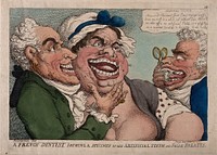 N. Dubois de Chémant demonstrating his own and a woman's false teeth to a prospective male patient with disordered teeth. Coloured etching by T. Rowlandson, 1811.