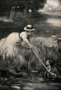 A young woman holds out a pole to the man standing in the river near the reeds. Gouache by John Da Costa.