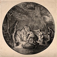People surrounding and killing a pig on the ground by candlelight at night; a woman holds a pan to catch the entrails. Etching by or after A. Ostade.