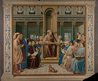 Saint Augustine of Hippo, sated on a raised cathedra, lecturing on rhetoric in Milan. Chromolithograph by Storch & Kramer after Mariannecci after Benozzo Gozzoli.