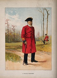 Two Chelsea Pensioners in a garden in winter. Colour lithograph by [F.F.].