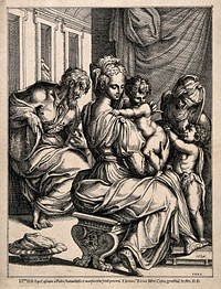 The Virgin Mary nursing the infant Jesus with Elizabeth and John the Baptist, Joseph is reading in the background. Engraving by Fra Bonaventura Bisi, 1634, after himself.