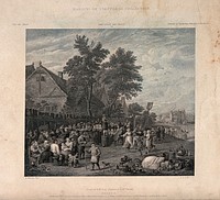 A crowd are gathered on a village green, some are dancing to the tune of the fiddler standing on a barrel, and some are eating and drinking at the tables. Engraving by William Finden after W.M. Craig after David Teniers the younger.