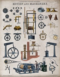 Mechanics: various machines. Coloured engraving by J. Emslie, 1850, after himself.