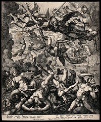 Fallen angels with animalized characteristics tumble from heaven under the sword of Michael. Engraving by R. Sadeler, 1583, after M. de Vos.