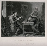 Two men sing from a songbook they are both holding, while a younger man has fallen asleep at the table; a young woman looks on. Engraving by T.E. Nicholson after J.M. Wright.