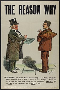 A rich man and a workman arguing about the budget introduced by the Liberal Government in the United Kingdom. Colour lithograph, ca. 1909.