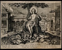 Apollo, god of literature, plays his harp; a town goes about its rituals. Engraving by J. Sadeler after J. van der Straet, 1594.