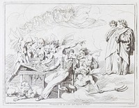Pinelli etching Virgil and Dante, the plate being examined by monsters who are watched on the right by Virgil and Dante. Etching by B. Pinelli, 1825.