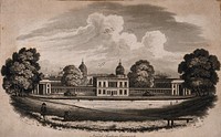 The Royal Naval Hospital and the Queen's House, Greenwich, the Isle of Dogs beyond. Aquatint by J. Baily after J. T. Lee, 1811.