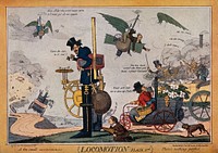 Types of steam-driven vehicles and flying machines. Colour process print after Robert Seymour, ca. 1830.