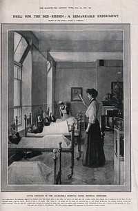 Queen Alexandra's Hospital for Children with Hip Disease, Queen Square, Holborn: the interior of a ward, with a teacher giving a gymnastics lesson. Photogravure after A. Forestier, 1908.