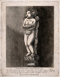 Statuette of a naked boy standing on a corbel, commemorating the Great Fire of London, 1666. Etching on a mezzotint ground by J. T. Smith after himself, 1791.