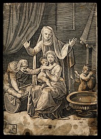 The Virgin Mary with Christ as a small child, another woman stands above them arms raised, perhaps Saint Anne. Line engraving.