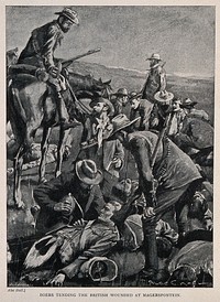 Boer War: Boers tending the wounded British at Magersfontein. Process print after A. Ball.