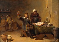 A medical practitioner examining a urine flask . Oil painting by C. De Bie  after David Teniers the younger.