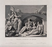 Two groups of bridesmaids wait by a bridge: one with candles, the other dejectedly staring at the ground; representing the biblical parable of the wise and foolish virgins. Etching by X. Steifensand after J.F. Overbeck, 1844.