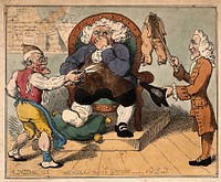 Court hearing of a dispute in which a doctor refuses to pay his tailor for some unsatisfactory breeches. Coloured etching by T. Rowlandson, 1802, after G.M. Woodward.