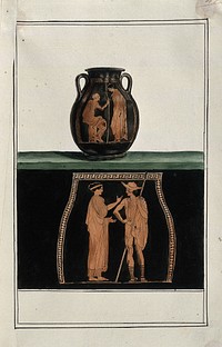 Above, red-figured Greek storage jar (pelike); below, detail of the decoration showing a woman conversing with a young man wearing a hat. Watercolour by A. Dahlsteen, 176- .