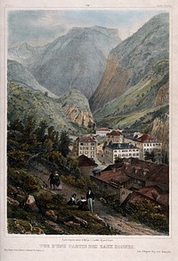 Figures walking along a path with a view of Les Eaux-Bonnes, Pyrénées, France. Coloured lithograph by J. Jacottet after himself and A. Bayot.