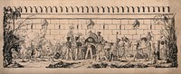 Soldiers, camels and elephants gather around a gate to an Indian palace. Lithograph.