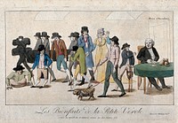 A parade of wretched, smallpocked people walk away from a doctor who counts his money. Coloured etching, c. 1800.