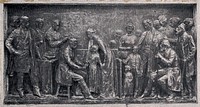 Louis Pasteur supervising the inoculation of a child against rabies. Process print after a bronze relief at the Pasteur Institute, Paris.
