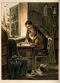 A man is instructing a boy on how to write. Colour lithograph.