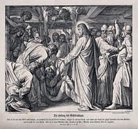 A paralysed man is lowered down through the roof so Christ can reach him through the crowds. Wood engraving by A. Gaber.