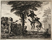 Monkeys around a fruit tree spur on two monkeys to jump and catch fruit. Etching by G. Bickham after Gillot.