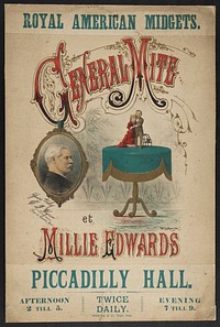 General Mite and Millie Edwards, two midgets on exhibition. Colour lithograph.